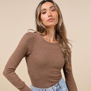 Lulus Everyday Babe Heather Brown Ribbed Long Sleeve Cutout Bodysuit - Size M
